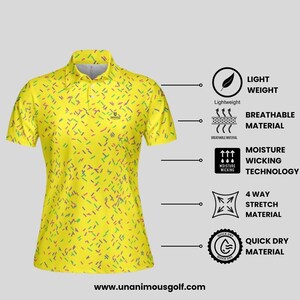 The yellow polo shirt with icons and text detailing features like lightweight and breathable material.