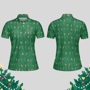 Front and back views of the green Christmas print golf polo shirt.