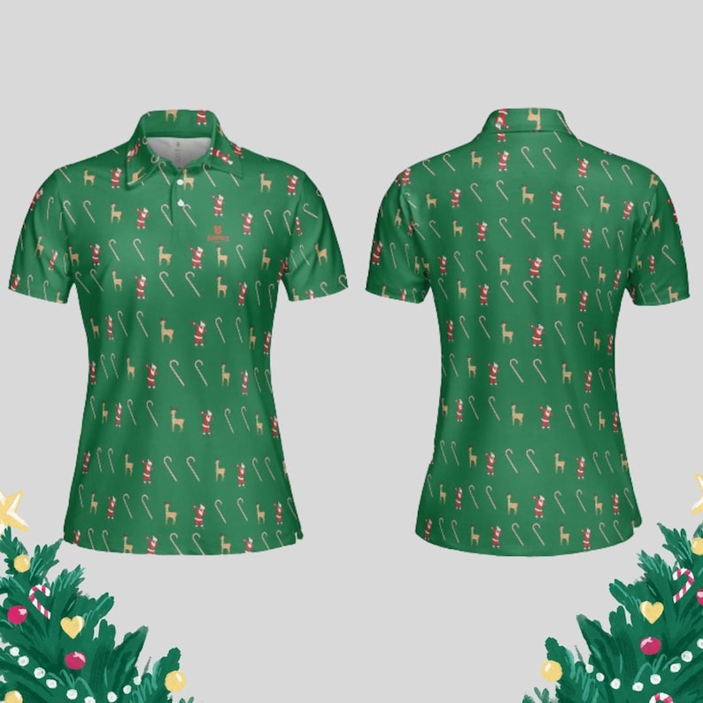 Front and back views of the green Christmas print golf polo shirt.