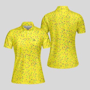 Front and back mockup display of the yellow sprinkle-patterned women's golf shirt.