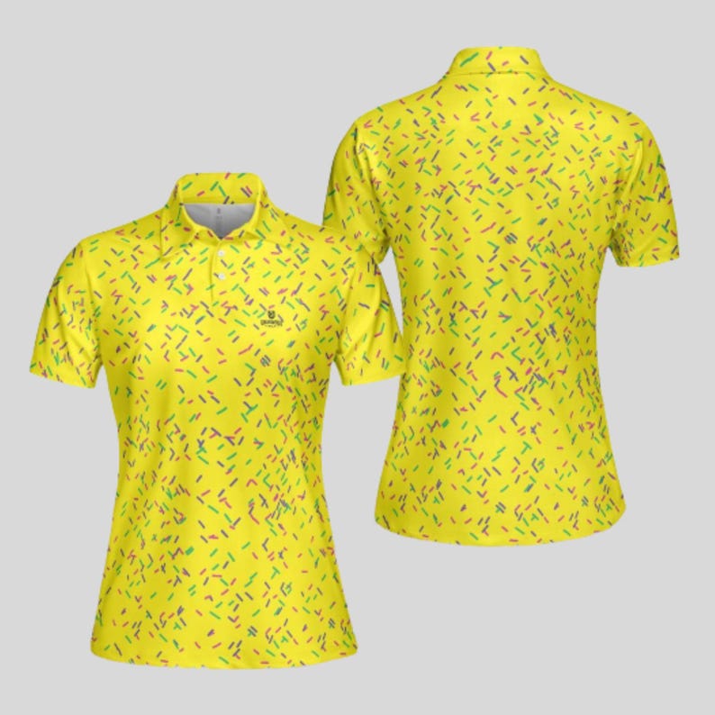 Front and back mockup display of the yellow sprinkle-patterned women's golf shirt.