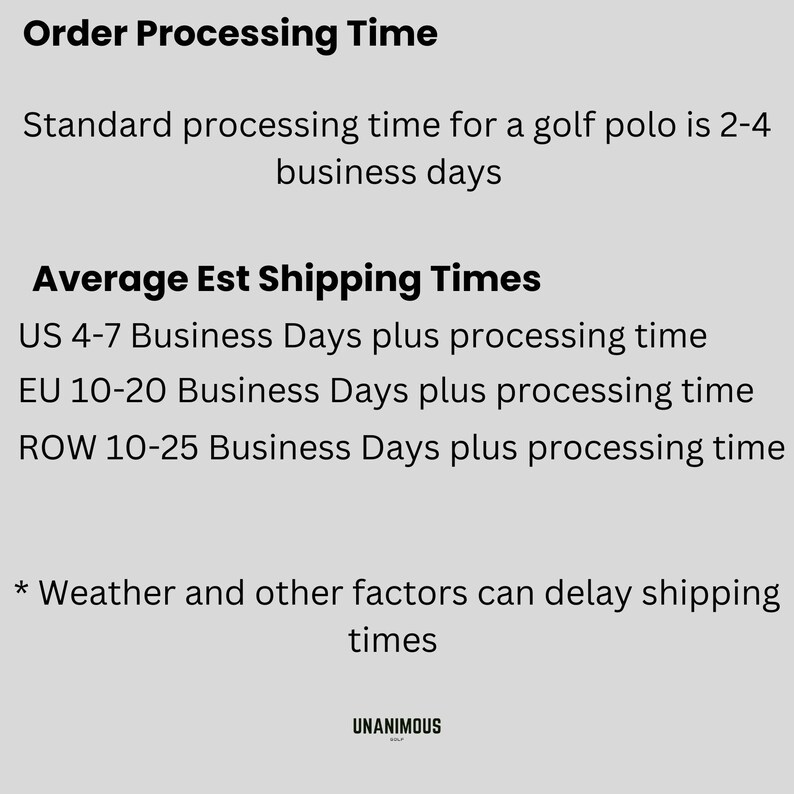 Text graphic detailing order processing time and average shipping estimates for different regions.