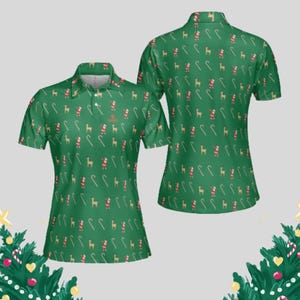 Front and back views of the green holiday-themed golf polo shirt on a light background.