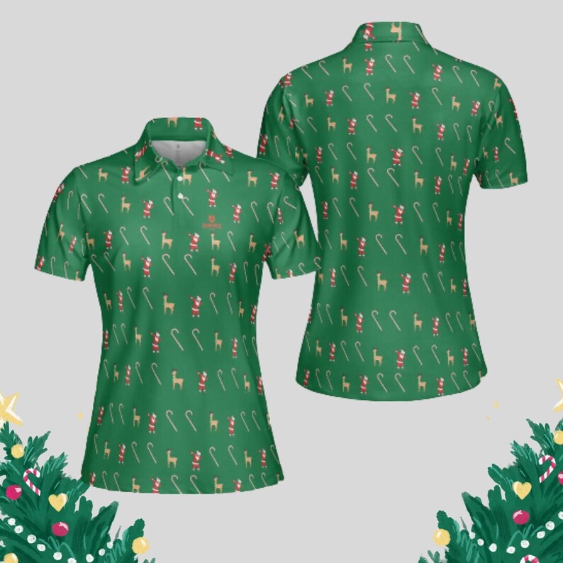 Front and back views of the green holiday-themed golf polo shirt on a light background.