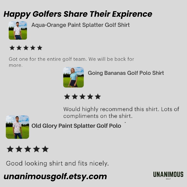 Customer review quotes and five-star ratings displayed on a light background.