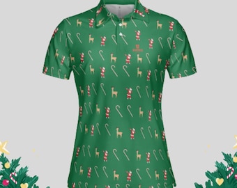 Women’s Christmas Golf Polo Shirt with Santa Print – Fun Holiday Golf Outfit, Festive Moisture-Wicking Ladies Golf Top