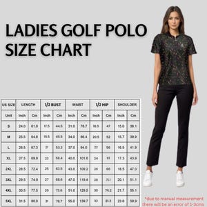 Sizing chart table for ladies golf polo next to a standing model wearing the shirt and black trousers.