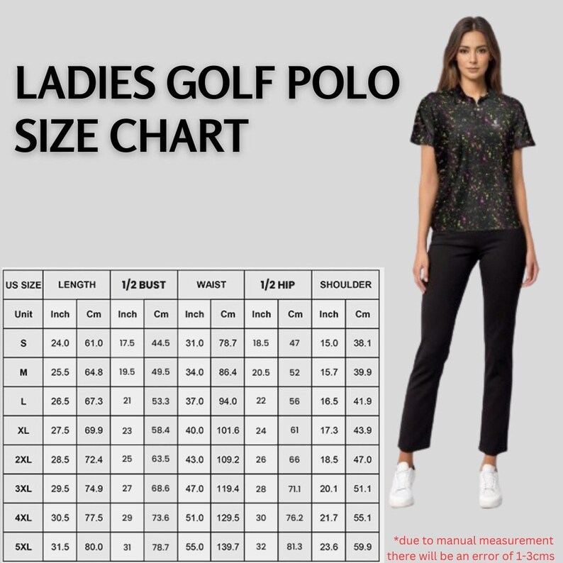 Sizing chart table for ladies golf polo next to a standing model wearing the shirt and black trousers.