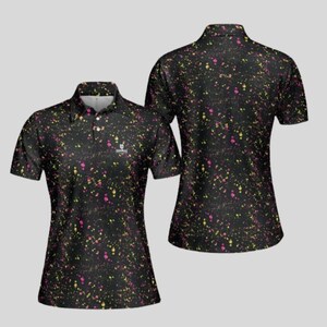 Front and back perspective view of the black and multicolored paint splatter polo shirt.