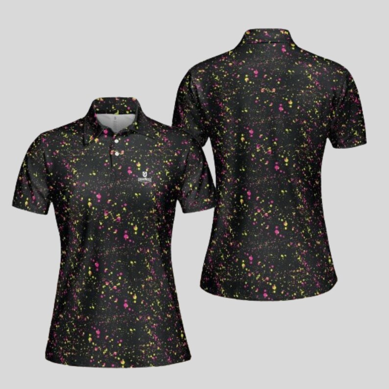 Front and back perspective view of the black and multicolored paint splatter polo shirt.