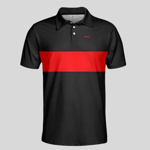 Front view of a black men's golf polo with a bright red chest stripe, three-button placket and small red Unanimous Golf chest logo.
