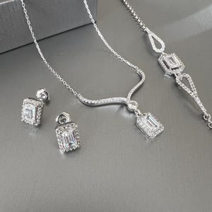 925 Sterling Silver Baguette Zircon Jewelry Set- Necklace, Bracelet & Earrings- Elegant 3-Piece Gift Set