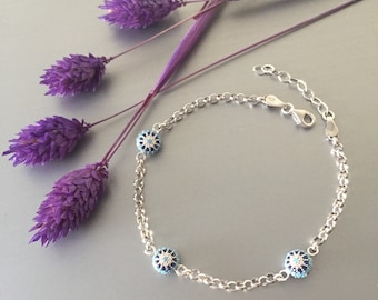 Sterling Silver Evil Eye Bracelet, Turquoise Stone, Good Luck Charm