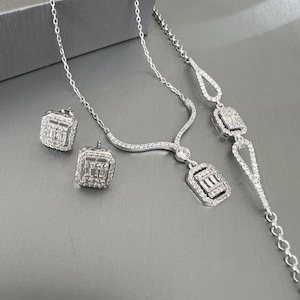 925 Sterling Silver Baguette Zircon Jewelry Set  - Necklace,Bracelet & Earrings- Elegant 3-Piece Gift Set