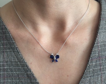 925 Sterling Silver Butterfly Necklace-Blue CZ Stone, Dainty Women's Jewlry,Nature-İnspired Gift