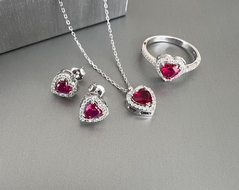 Ruby Heart Jewelry Set- 925 Sterling Silver Red Stone Necklace, Ring & Earrings