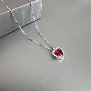 Red Heart Necklace-Real Silver Love Charm-Romantic Jewelry-Gift for Her-Dainty Red Stone-Pendant-Minimalist Gift for Girlfriend or Wife