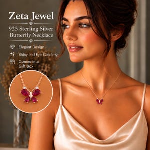 May include: A 925 sterling silver butterfly necklace featuring four pear-shaped red stones and two small clear accent stones on a delicate chain. The text Zeta Jewel 925 Sterling Silver Butterfly Necklace is visible on the left side of the image.