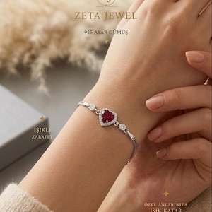 Sterling Silver Heart Bracelet, Red Ruby Zircon Halo, Dainty Romantic Jewelry