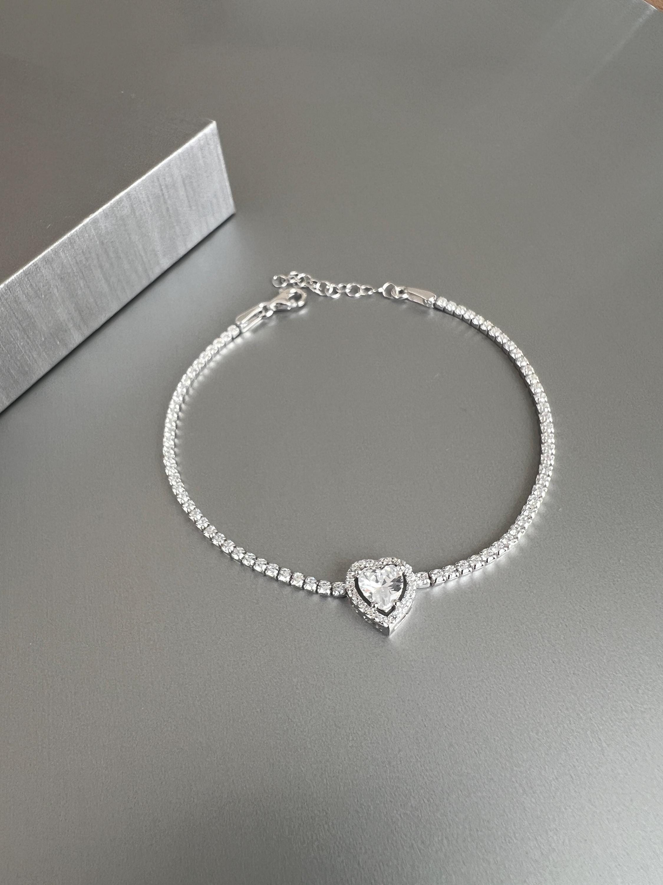 Bracciale Tennis In Argento 925 Con Ciondolo A Cuore In Ametista E Zirconi - Placcato Rodio, Chiusura Di Sicurezza, 19 Cm
