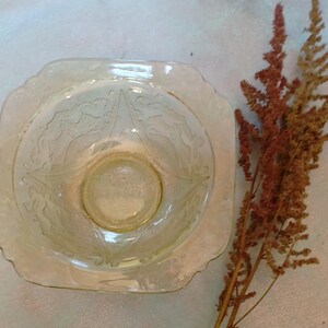 May include: A vintage, pale yellow glass bowl with a square shape and scalloped edges. The bowl features an etched floral design. A sprig of dried, reddish-brown flowers is next to the bowl.