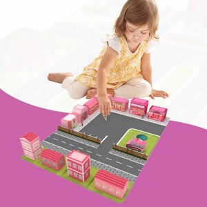 Kit de bricolage urbain en carton pour enfants, activité de modèle de ville 3D, jouet de construction éducatif, cadeau créatif pour enfants, école à la maison, ville rose amusante