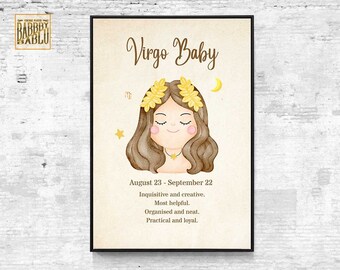 Baby Star Sign Print Virgo Zodiac Baby Shower Newborn Birthday Gift Wall Decor Vintage Canvas Poster Print Home Decoration