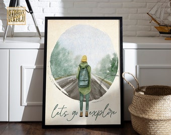 Let's Go Explore Girl Hiking Adventure Travel Camping Lovers Camper Wall Art Gift Vintage Canvas Poster Print Home Decoration