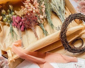 DIY Dried Flower Wreath Kit - Create Your Own Floral Display - Sustainable Home Decor and Gift Idea (Rattan Hoop Base)