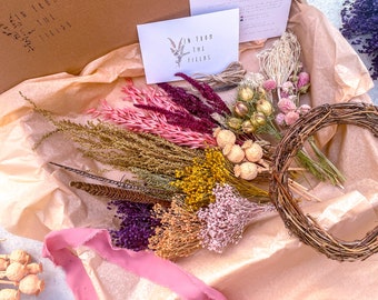 DIY Dried Flower Wreath Kit - Create Your Own Floral Display - Sustainable Home Decor and Gift Idea (Rattan Hoop Base)