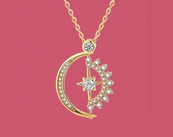 Collar con colgante de circonita con corazón de sol y luna