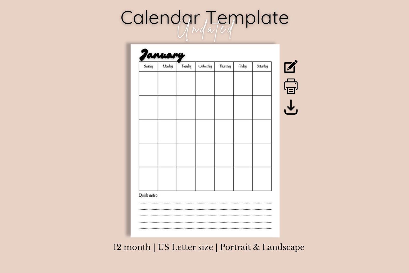 12 Month Undated Calendar Template Blank Printable Calendar Editable ...