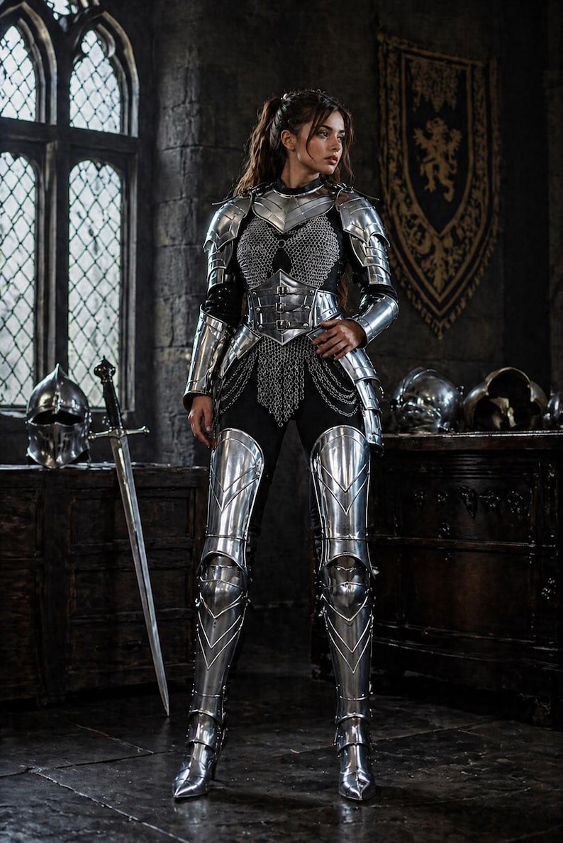 May include: A full suit of polished silver armor, including a breastplate, greaves, and gauntlets, is worn over a black outfit. A chainmail shirt and a sword are also visible. The setting is a medieval-style room with a large window.