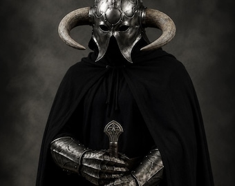 Dark Warrior Fantasy Armor Suit - Horned Steel Helmet & Metal Gauntlets with Black Cloak | Wearable Medieval LARP Cosplay Costume Halloween
