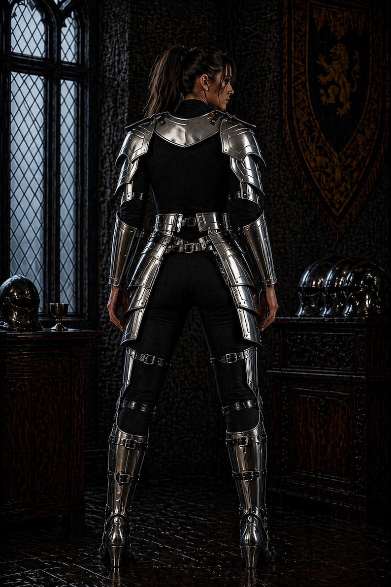 May include: A person wearing polished silver armor, including a breastplate, shoulder guards, arm guards, and leg armor. The armor is worn over a black top and pants. The background includes a dark room with a window and a decorative tapestry.
