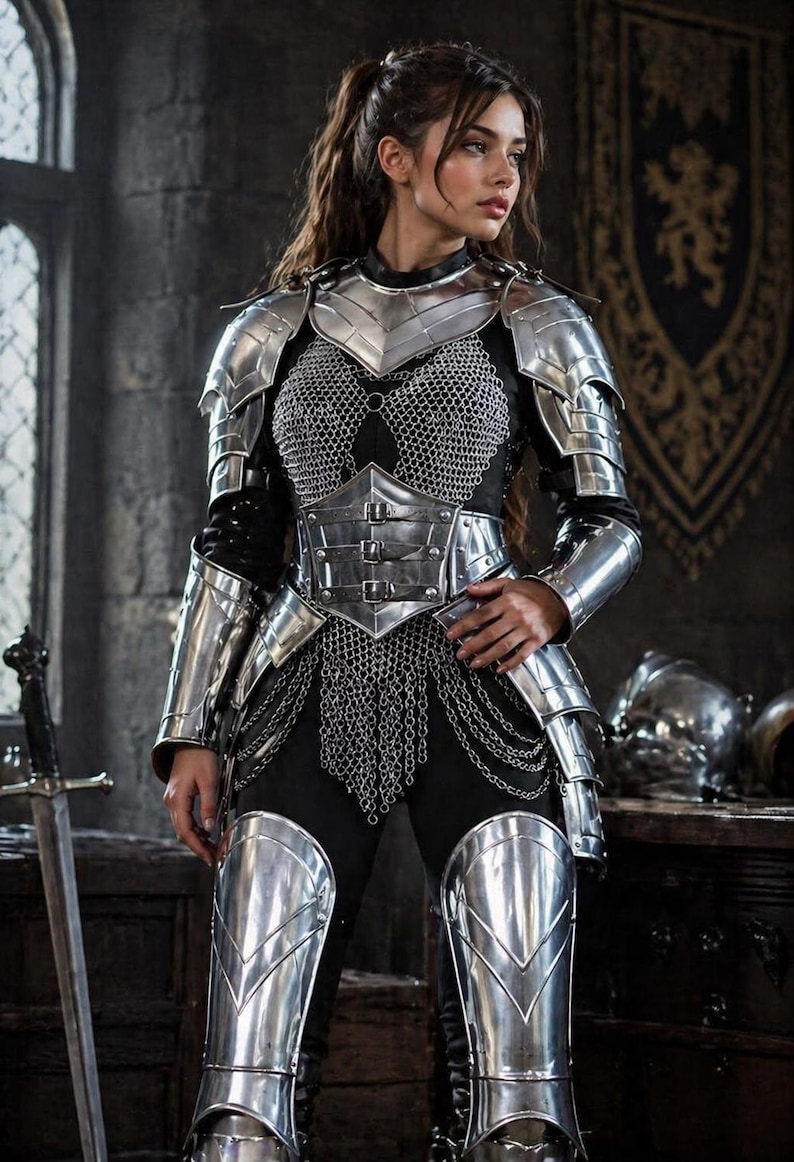 May include: A person wearing a full suit of silver armor, including a breastplate, shoulder guards, and leg armor. The armor is over a black outfit, with chainmail details. A sword is visible in the background, suggesting a medieval or fantasy theme.