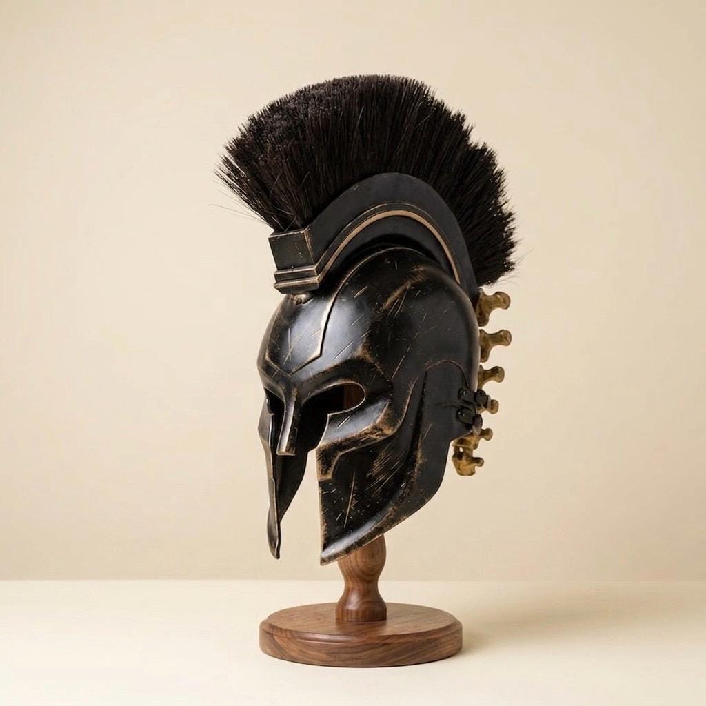 Black Bronze Spartan Helmet with Blue Plume Wearable Mild Steel Gladiator Armor Custom Bone Spine Cosplay, LARP & Medieval Prop