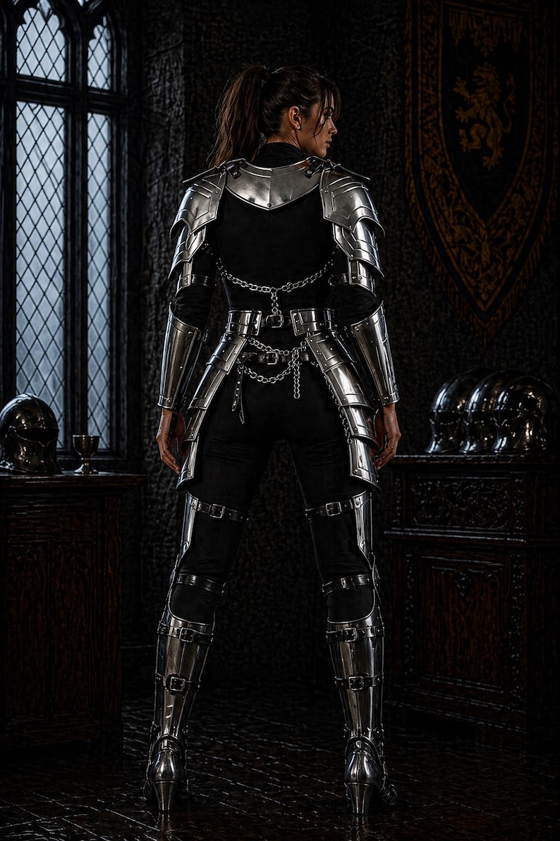 May include: A person wearing silver metal armor, including a chest plate, arm guards, and leg armor, over a black outfit. The armor is detailed with buckles and chains. The background features a dark interior with a window and decorative elements.