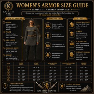May include: Women's armor size guide with measurements in inches. Includes chest, waist, arm length, shoulder width, and height. Features a model wearing armor and instructions on how to measure for a perfect fit.