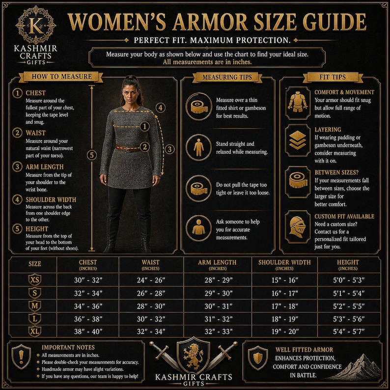 May include: Women's armor size guide with measurements in inches. Includes chest, waist, arm length, shoulder width, and height. Features a model wearing armor and instructions on how to measure for a perfect fit.