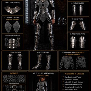May include: A complete 12-piece women's medieval chainmail armor set. Includes shoulder pauldrons, neck guard, chest piece, waist corset, upper arm guards, forearm bracers, side hip plates, thigh armor plates, shin greaves, boot greaves, and a detachable chainmail skirt.