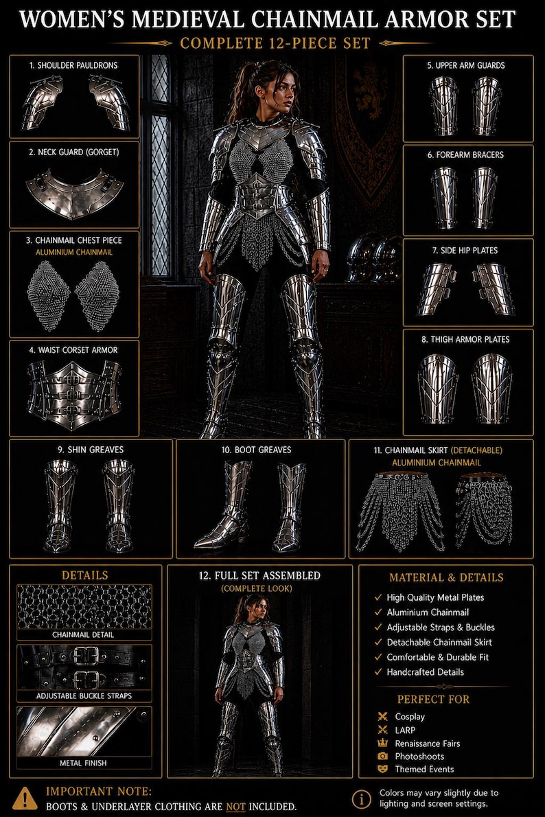 May include: A complete 12-piece women's medieval chainmail armor set. Includes shoulder pauldrons, neck guard, chest piece, waist corset, upper arm guards, forearm bracers, side hip plates, thigh armor plates, shin greaves, boot greaves, and a detachable chainmail skirt.