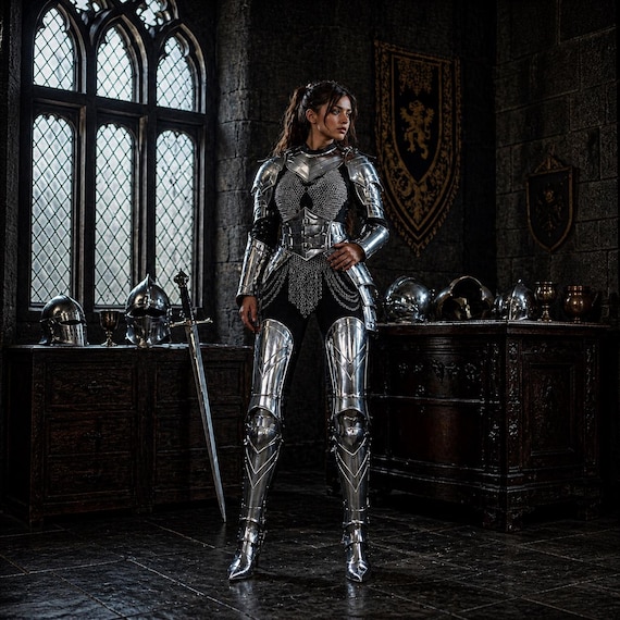 Premium Handmade Medieval Armor Set – Women’s Fantasy Warrior Suit | Gothic Knight Costume | Cosplay & LARP Ready With Silver Chainmail Set