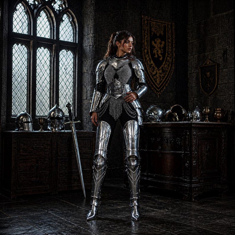 May include: A person wearing silver armor, including a chest plate, arm guards, and leg armor. The armor is detailed with chainmail and decorative elements. A long sword is visible, along with helmets and goblets on a wooden cabinet. The setting is a medieval-style room.