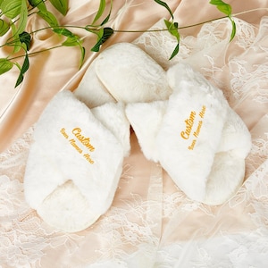 Custom Elegant White Plush Slippers for Wedding, Parties, and Vacation - Perfect for Brides, Bridesmaids, Indoor Gatherings