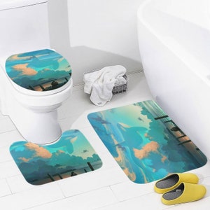 May include: A bathroom set with a toilet seat cover, a bath mat, and a smaller toilet mat. All three mats feature a blue and green watercolor design with clouds and a silhouette of a pier. The mats are made of soft, absorbent material.