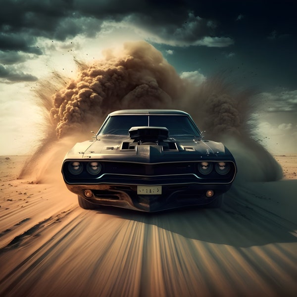Poster of a Muscle car blazing through the desert. Wall Decor picture