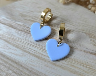 Orecchini pendenti a forma di cuore azzurro / Argilla polimerica, placcati oro