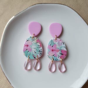Pink floral dangle earrings | polymer clay earrings | lightweight earrings | gift idea