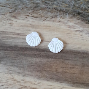 Puede incluir: Dos pequeños objetos blancos con forma de concha marina se muestran sobre una superficie de madera. Las conchas tienen una textura detallada y acanalada, y están dispuestas una cerca de la otra. El fondo presenta plantas secas, añadiendo un toque natural.